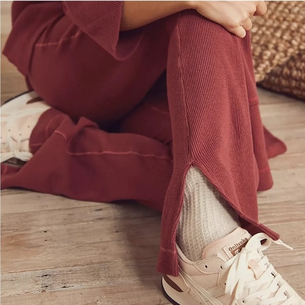 Free People Under the Stars Slim Flare Thermal Pants Rosewood Red Pink